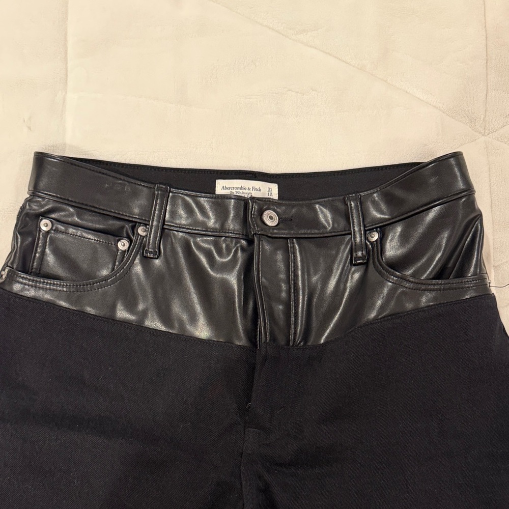 Abercrombie & Fitch Black Straight Leg Jeans with Leather Detail - Picture 2 of 3
